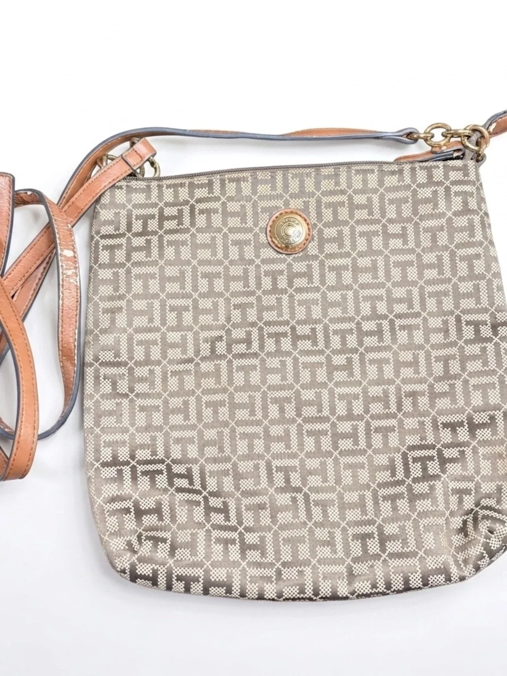 Tommy Hilfiger Beige Monogram Crossbody with Tan Strap